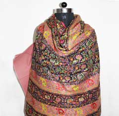 Black-Pink Sozni-embroidered Jamawar Wool Shawl