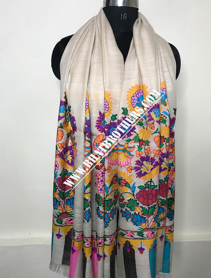 Hand woven Cream Base Garden Kani Pashmina Shawl by Bhat Brothers of ...